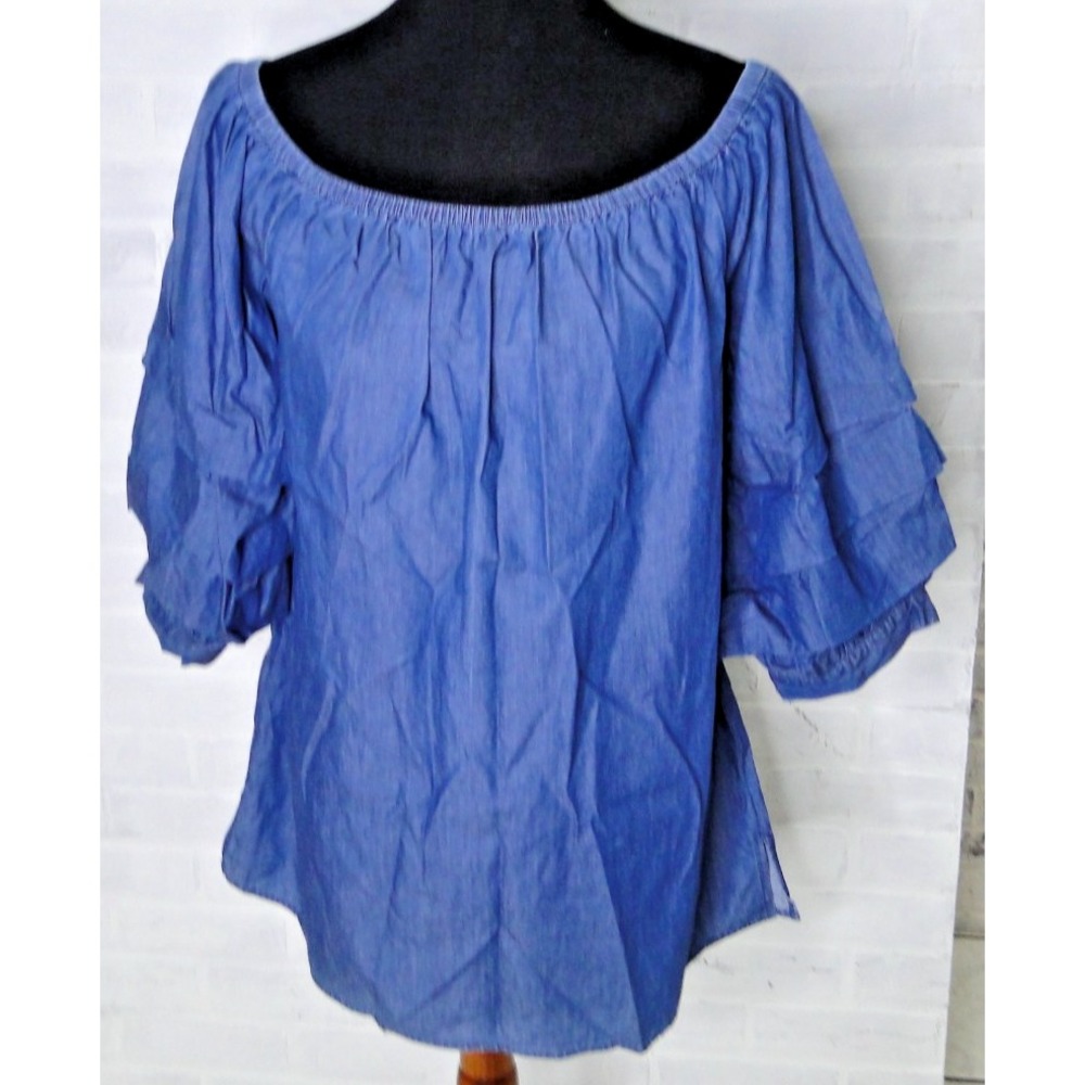 Scully Woman Blue Chambray Ruffle‎ Sleeve Off The Shoulder Mini Dress Size XL